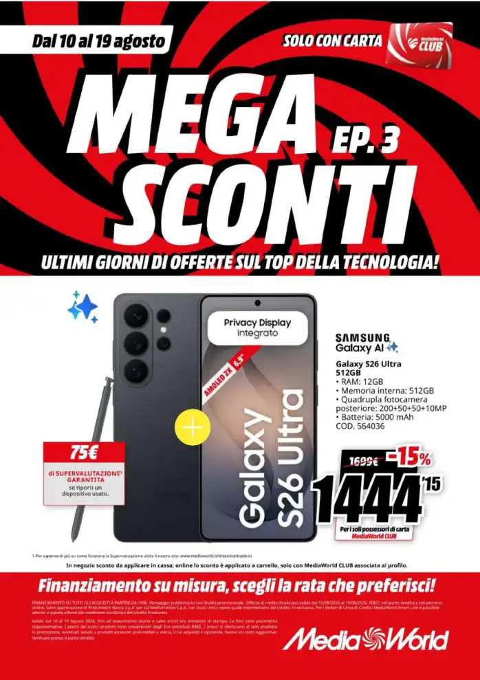 Volantino MediaWorld Mega Sconti Ep. 3 dal 10/8 fino al 19/8/2026