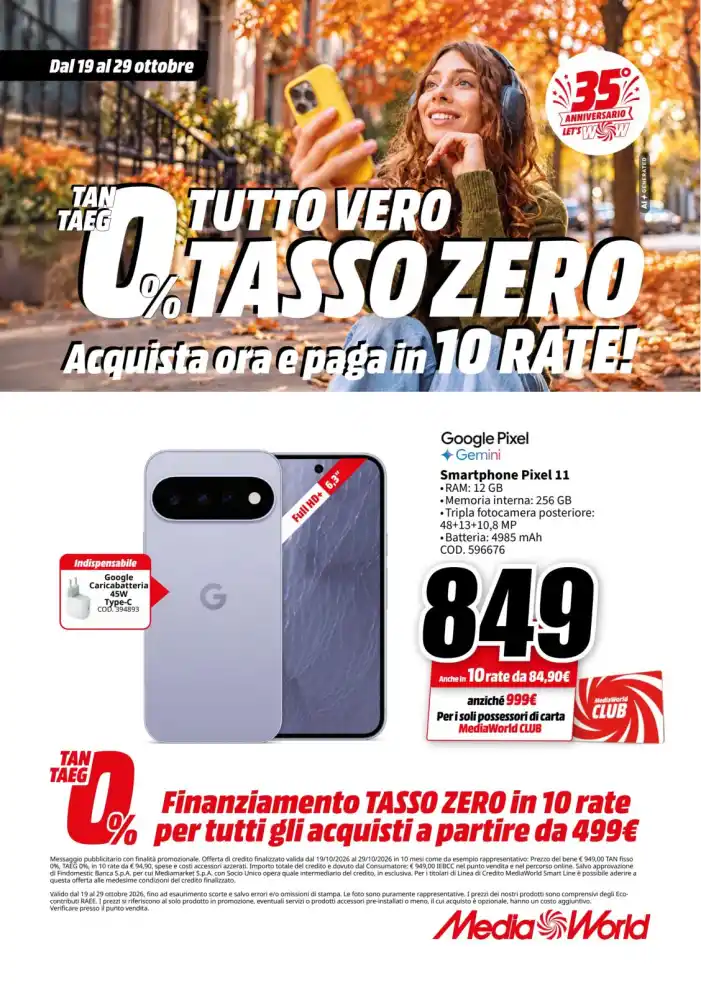 Volantino MediaWorld Tasso zero in 10 rate dal 19/10 fino al 29/10/2026